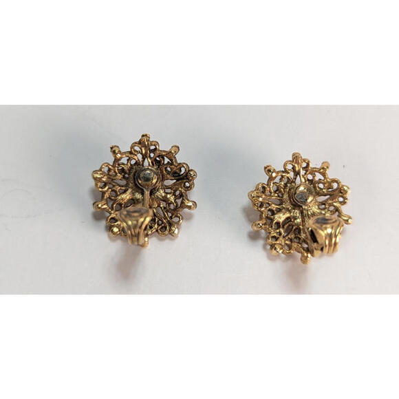 Lacey Goldtone Round Flower w Ruby Red Rhinestone Brooch Pin Earring Set J Jill - Picture 6 of 13